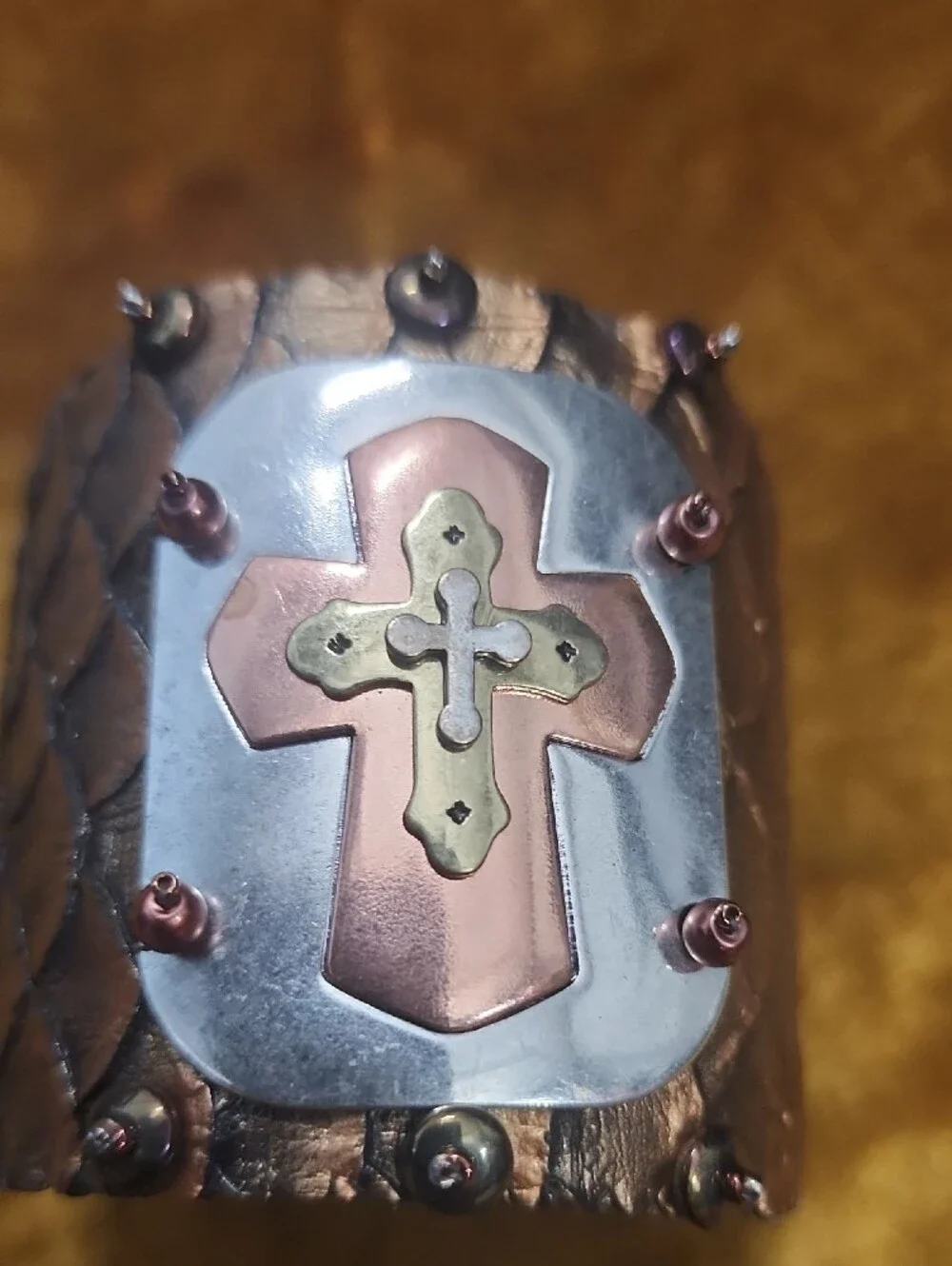 (2pc) Handcrafted Copper Cross Cuff Bracelet - Brown Copper Finish